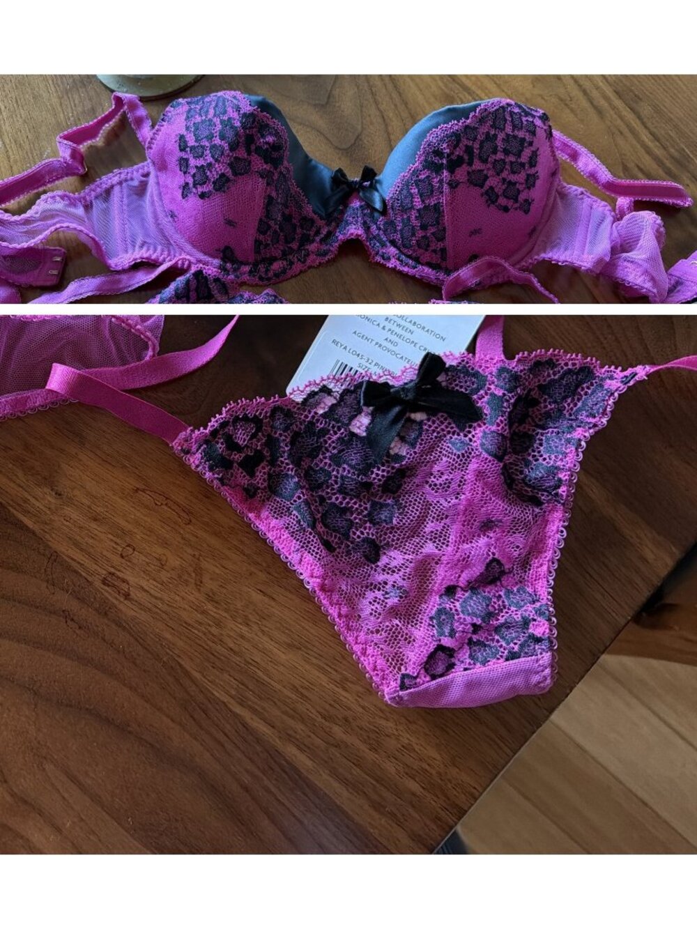 L'Agent by Agent Provocateur Reya NWT 36B Padded Bra + Thong M Pink Black